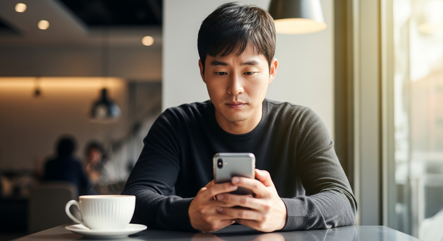 30대 남성이 카페에서 스마트폰 카카오톡 메시지를 확인하며 답장 타이밍을 고민하는 모습