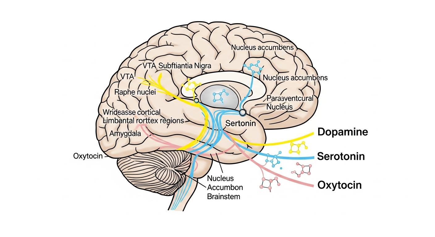 카톡 답장 대기 시 도파민·세로토닌·옥시토신 변화를 보여주는 뇌 반응 다이어그램