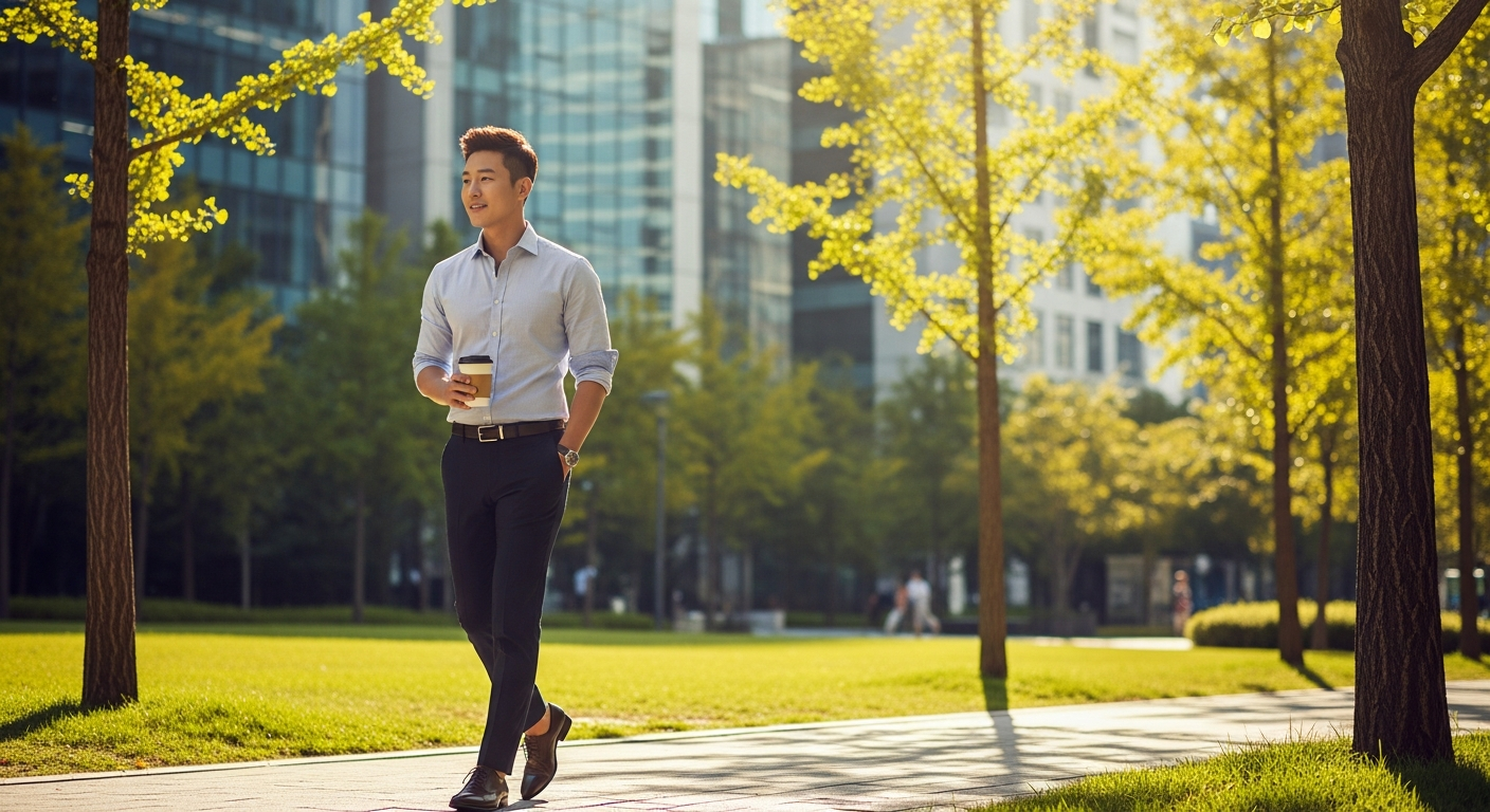 30대 남성 직장인이 점심시간에 도심 공원을 산책하는 모습 — 점심 루틴 활용법