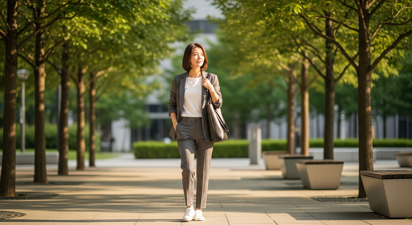 30대 직장인이 점심시간에 도심 공원을 걷는 모습 — 산책 루틴 효과 시각화