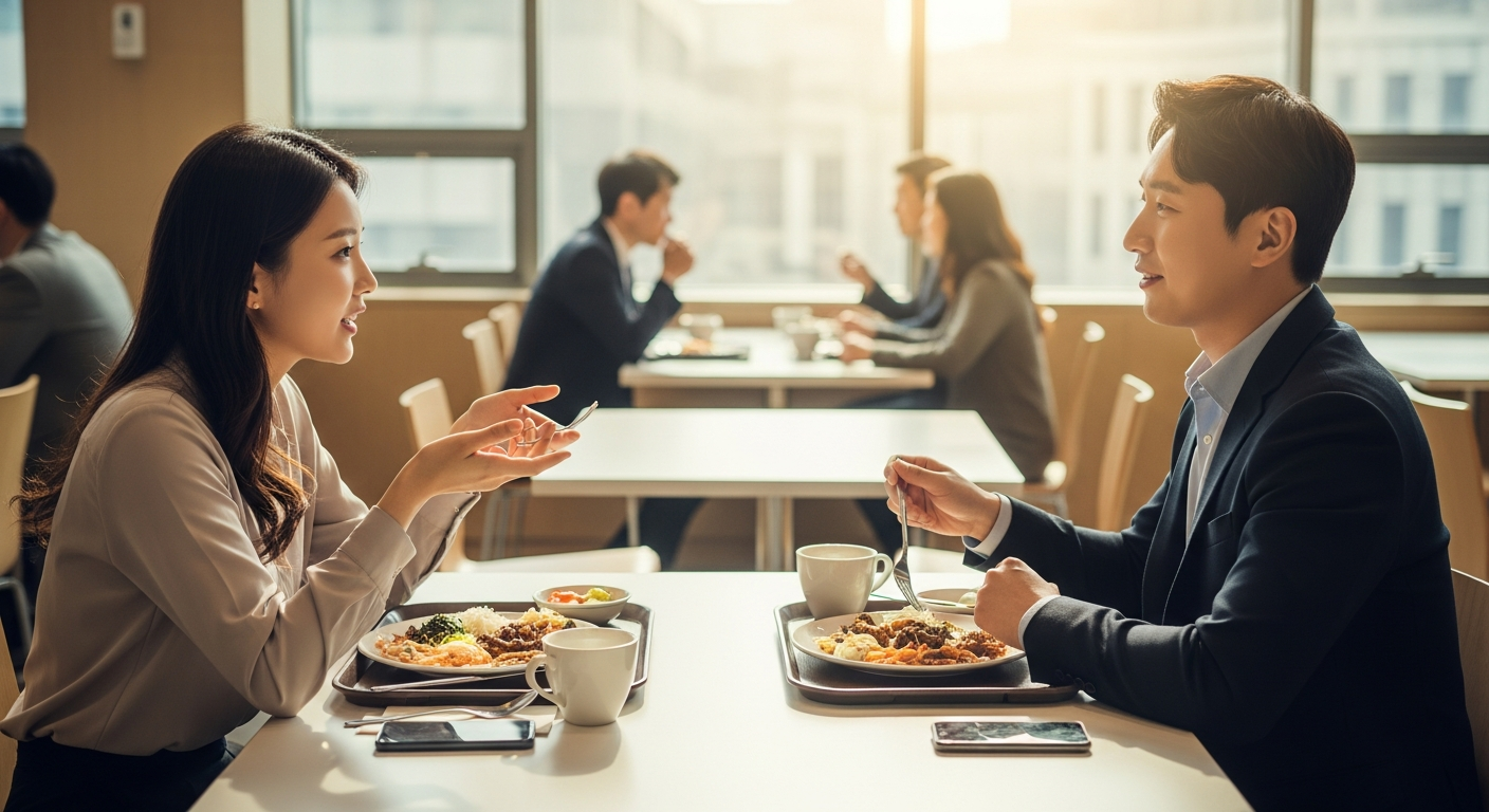 점심시간 사내 카페에서 1대1 대화를 나누는 30대 직장인 — 네트워킹 루틴 시각화