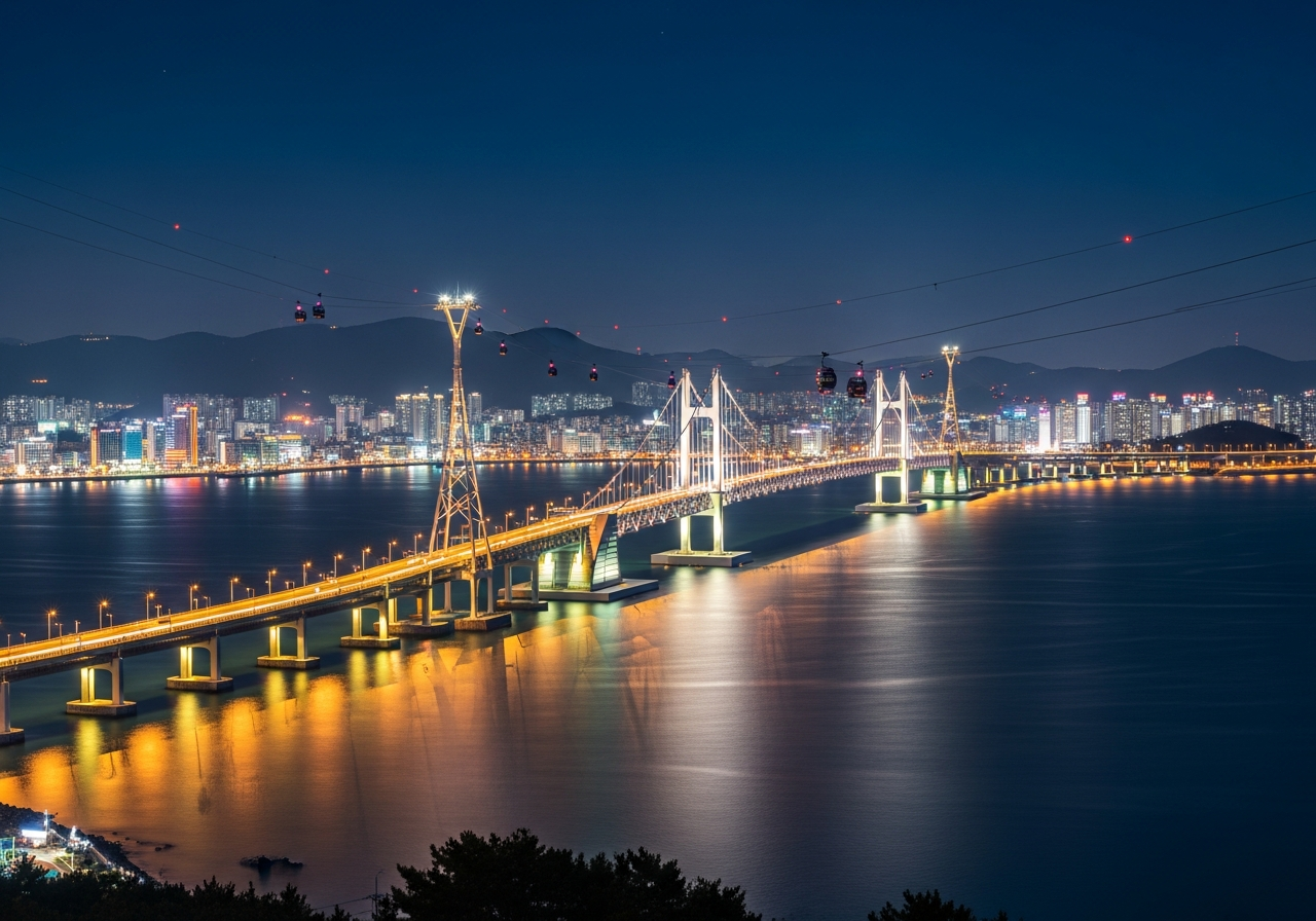 여수 밤바다 야경 — 돌산대교와 해상케이블카가 보이는 해안 풍경