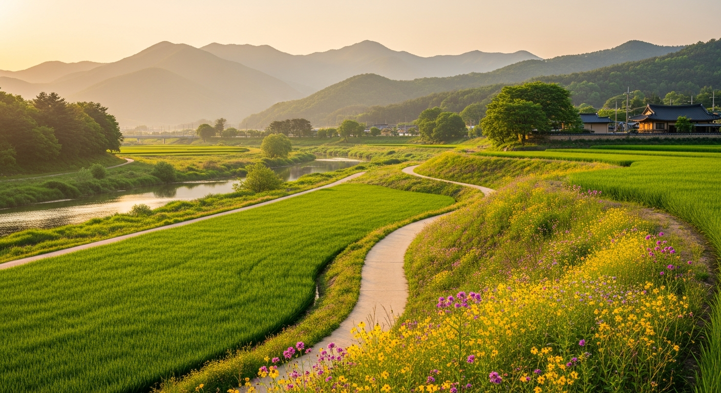 5월 서울 근교 봄나들이 풍경 — 초록 들판과 강변 산책로