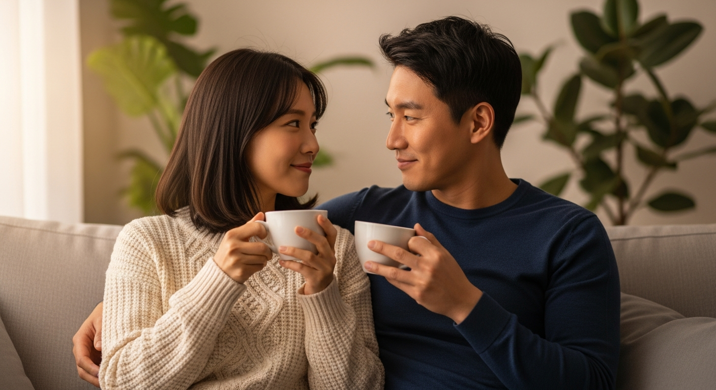 장기연애 커플이 거실 소파에서 따뜻한 분위기로 대화하는 모습