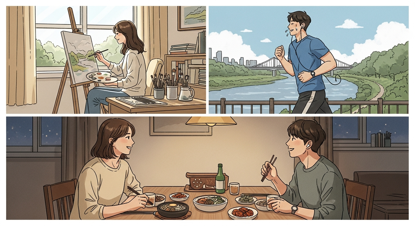 커플이 각자의 취미 활동을 즐기다가 저녁에 다시 만나 대화하는 일러스트