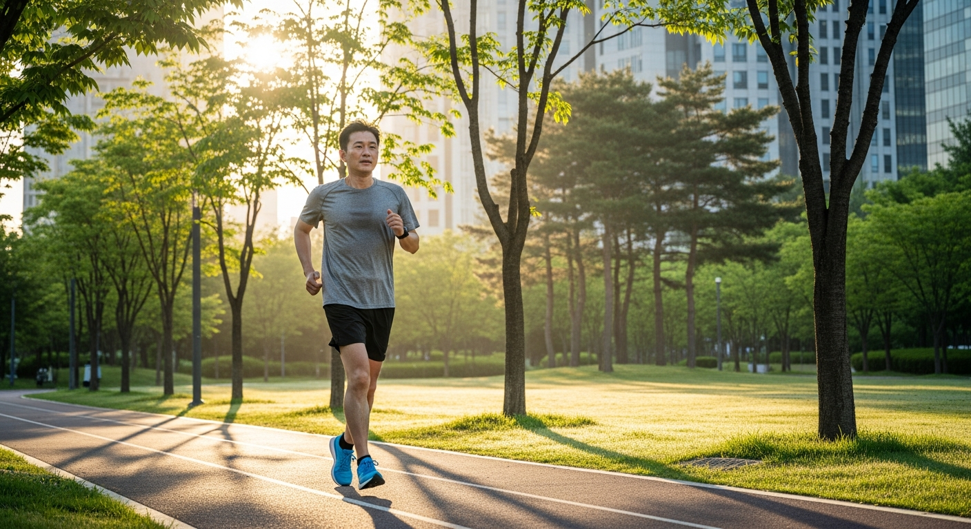 도심 공원에서 빠른 걷기 운동을 하는 40대 한국 남성 — 성인 권장 운동량 가이드