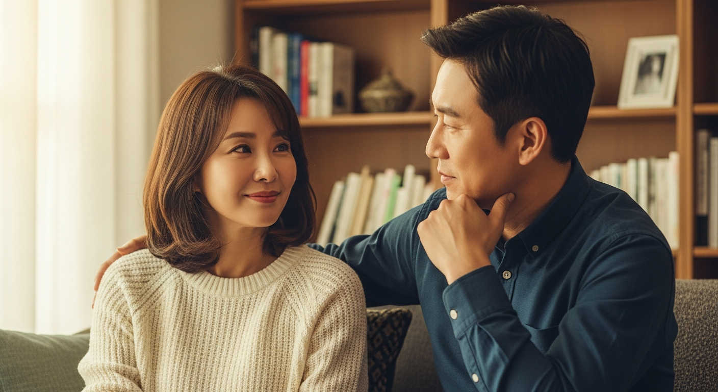 소파에서 진지하게 대화하는 40대 한국인 부부 — Gottman 부부치료 4기둥 실천 장면