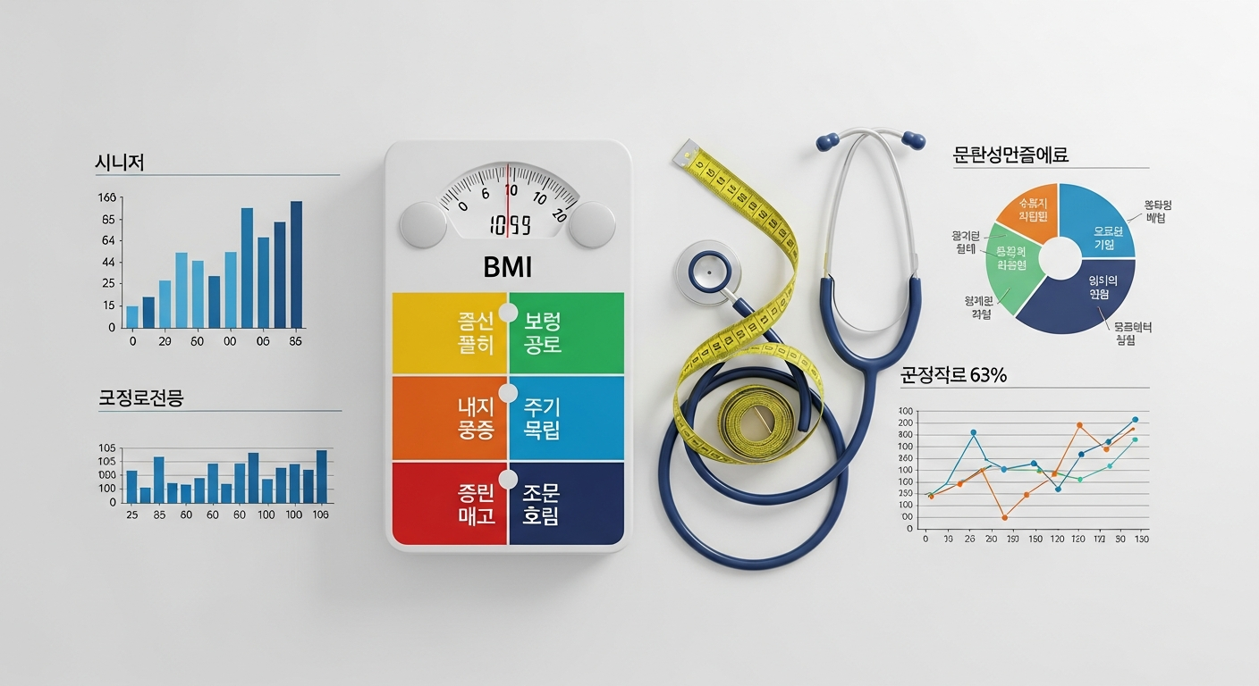 한국인 비만율 통계와 BMI 측정 도구가 놓인 건강 분석 이미지