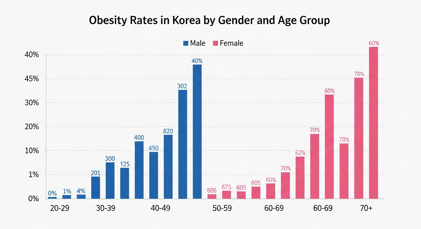 연령별 남녀 비만율 비교 그래프 — 30대 남성과 60대 여성이 각각 최고점