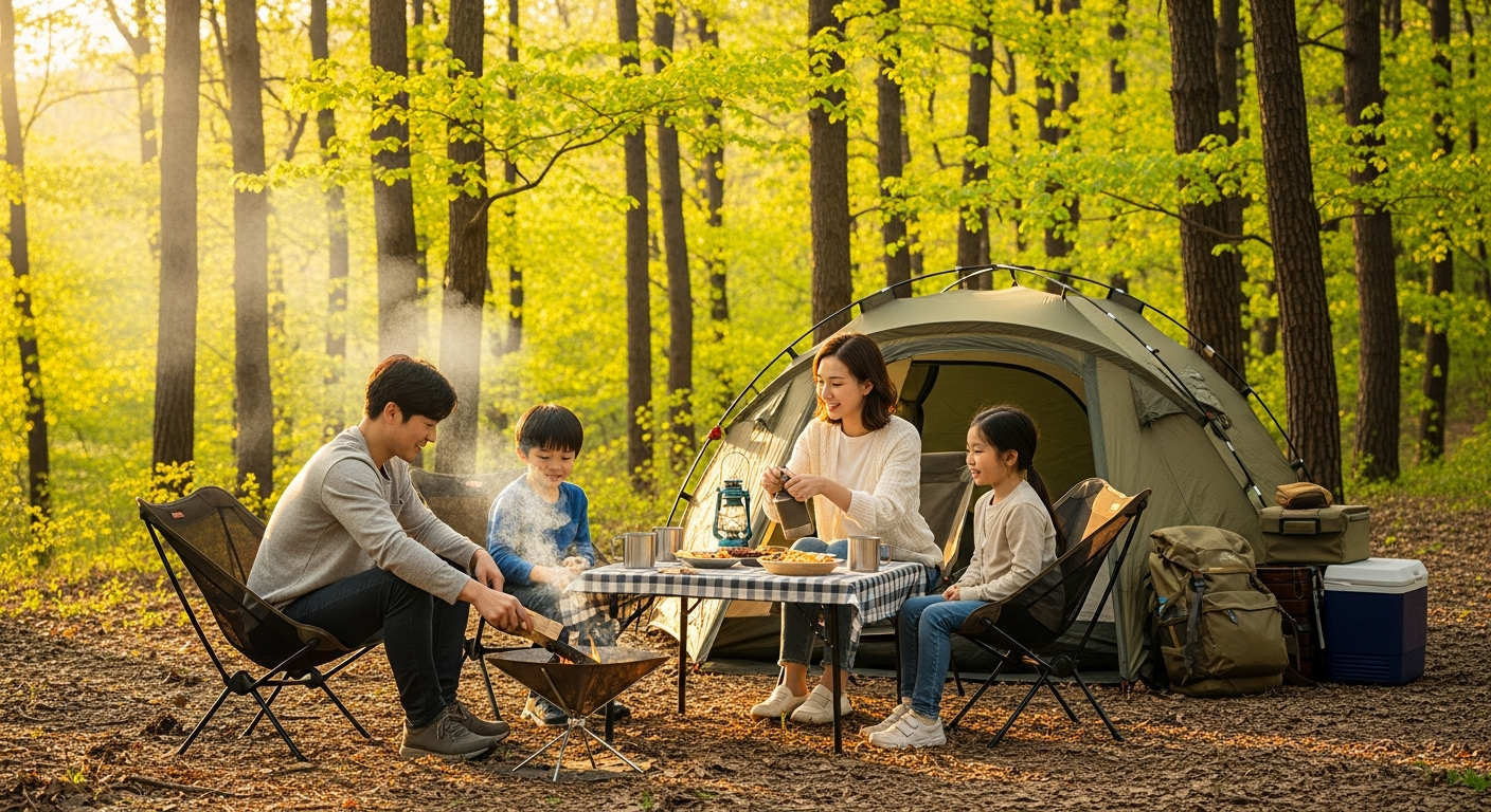5월 초록 숲속에서 가족이 텐트 앞에 모여 있는 캠핑 장면