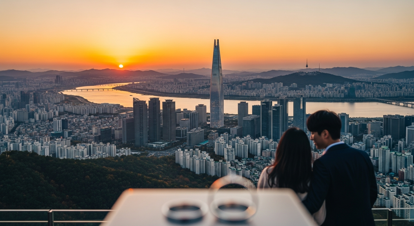 서울 도심을 바라보는 젊은 커플 실루엣과 전망대 난간 위 결혼반지 — 결혼 평균 연령 상승 시대