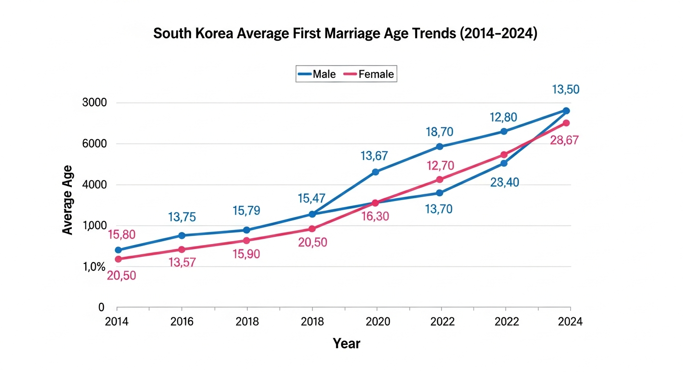 한국 초혼 연령 10년 추이 그래프 — 남녀별 연도별 변화