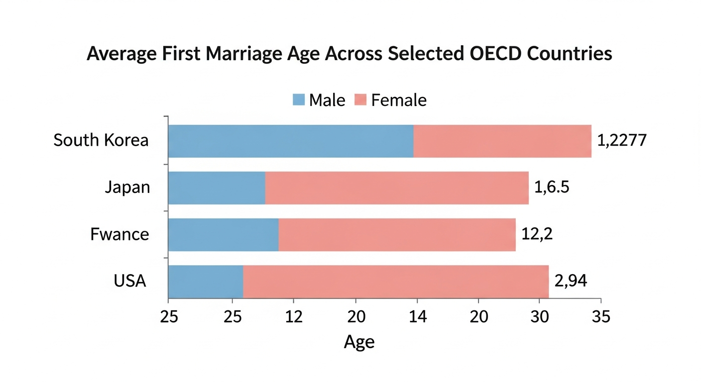 OECD 주요국 평균 초혼 연령 비교 차트 — 한국·일본·스웨덴·프랑스·미국