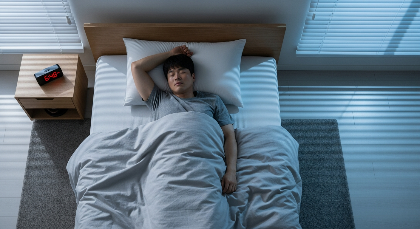 한국인 30대 남성의 평균 수면 시간을 상징하는 새벽 침실 장면