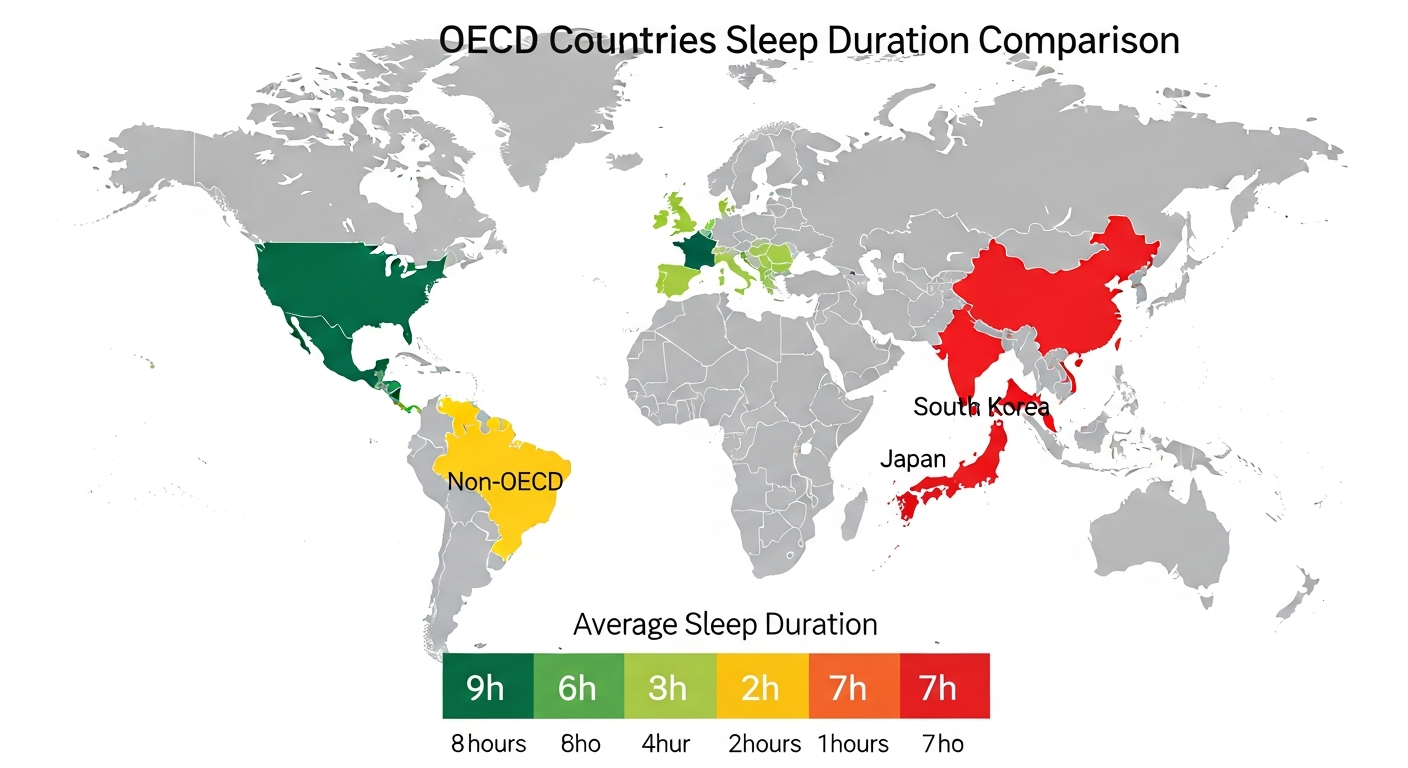OECD 주요국 평균 수면 시간 비교 인포그래픽 — 한국 최하위권