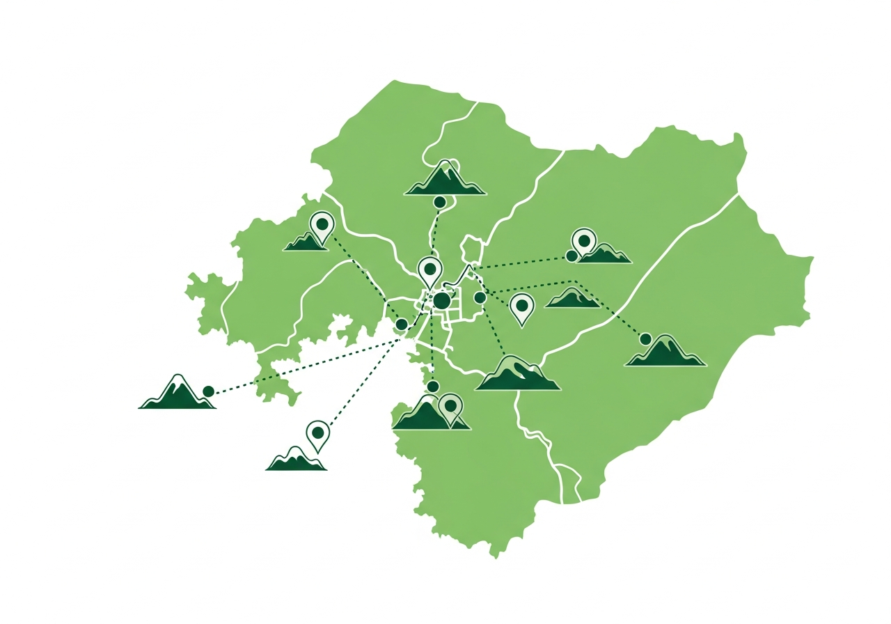수도권 등산 코스 5곳 위치를 표시한 지도 인포그래픽