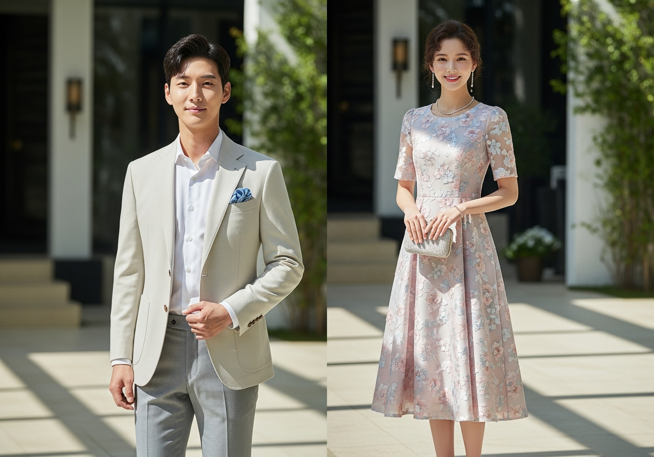 5월 결혼식 하객룩 남성 여성 코디 예시
