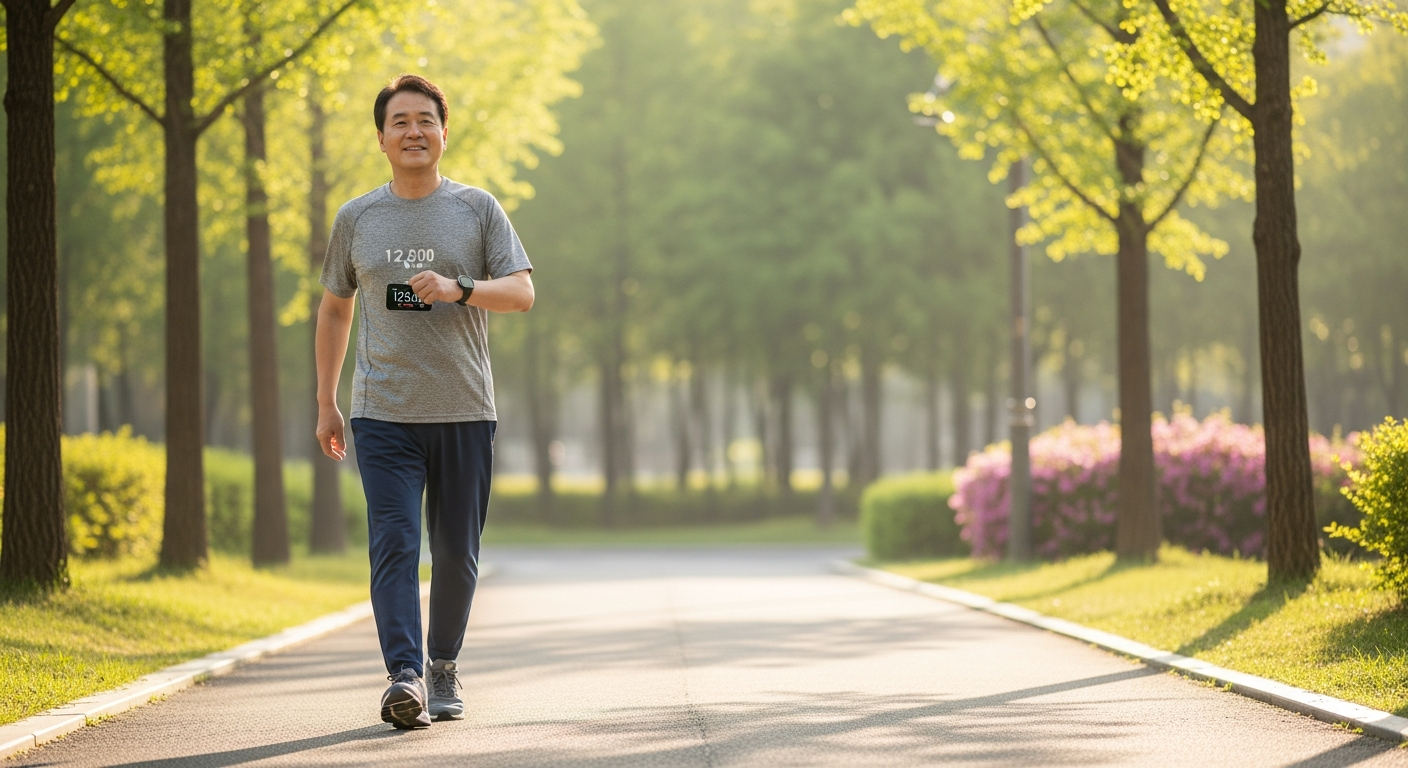 서울 도심 공원 보도에서 아침 산책하는 한국 중년 남성과 스마트워치 걸음 수 표시