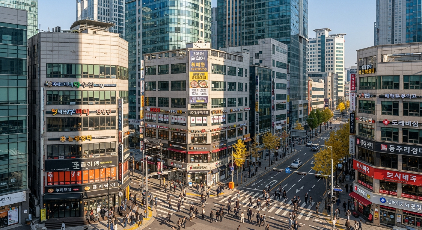 한국 도심 오피스 밀집 지역 점심시간 직장인들이 식당가를 오가는 모습