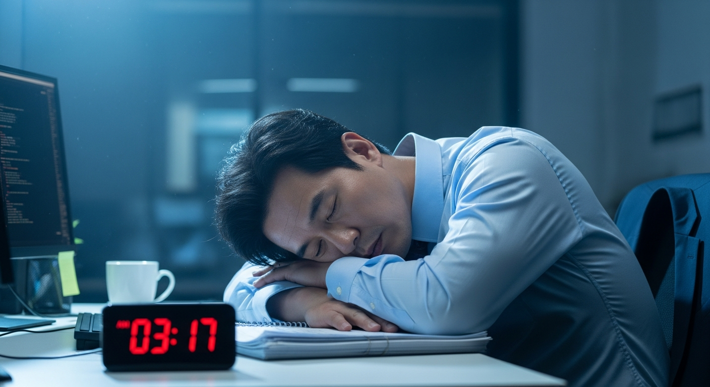 야근 후 책상에서 잠든 한국 직장인 — 한국 성인 수면 부족 현실을 보여주는 장면