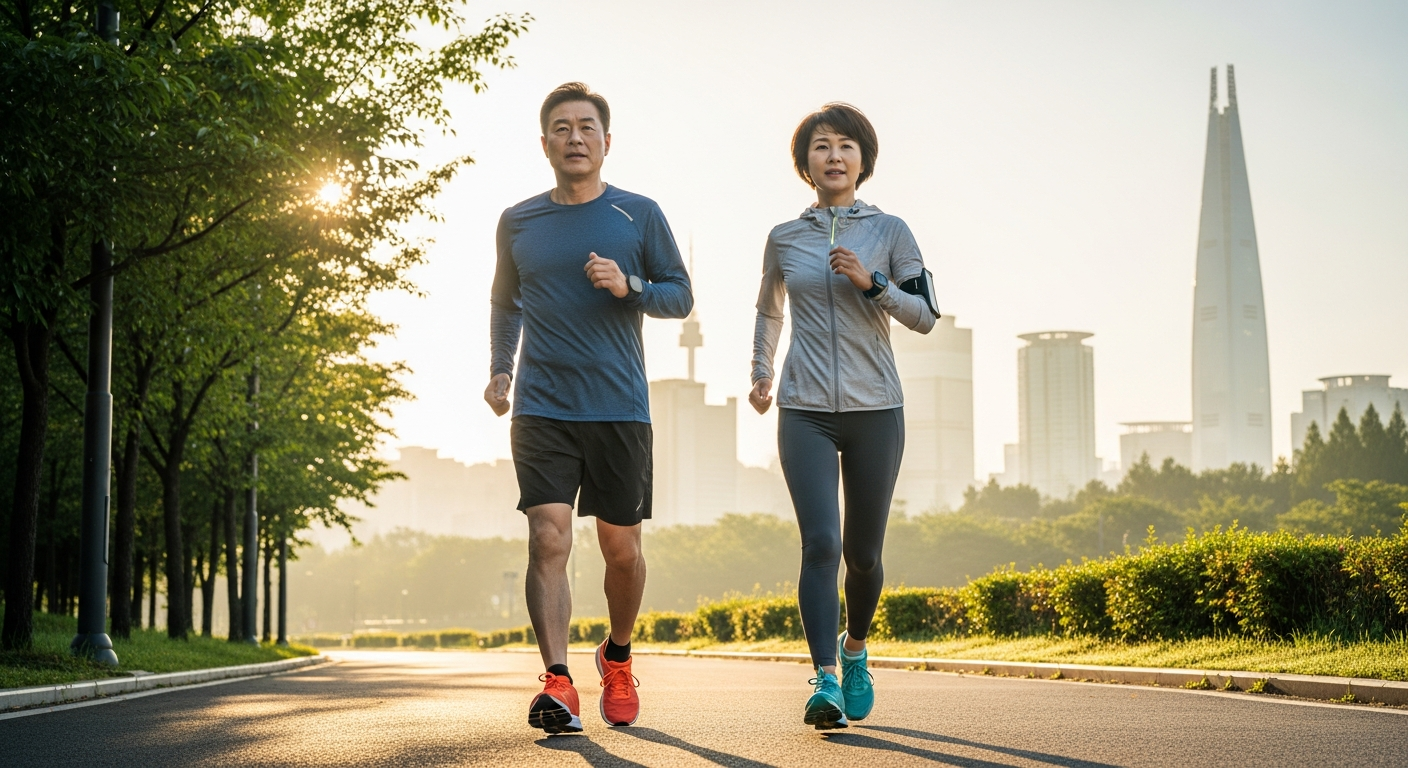 공원에서 빠르게 걷기 운동을 하는 한국인 중년 남녀 — 보건복지부 신체활동 지침 실천 장면