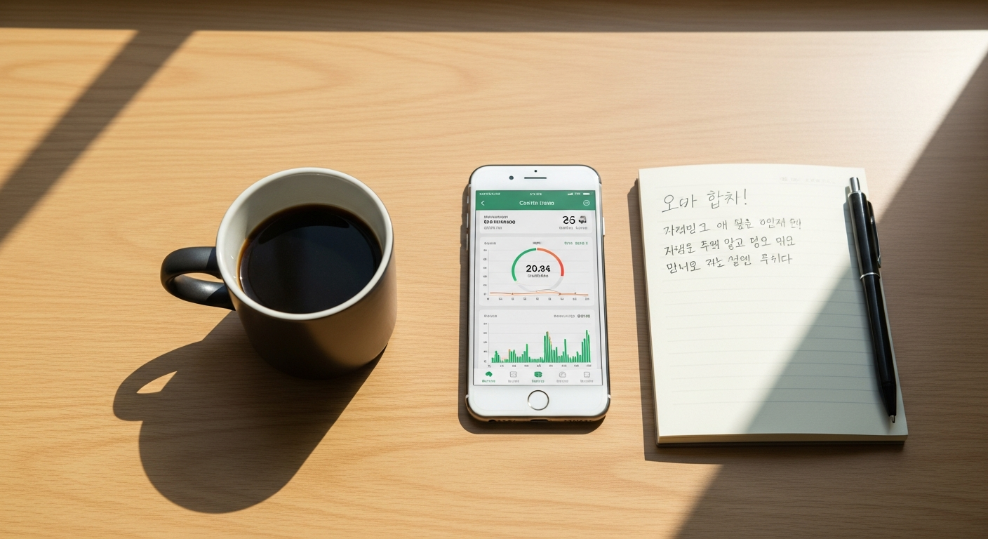 아메리카노 한 잔과 카페인 트래커 앱이 보이는 한국 직장인 책상 위 모습