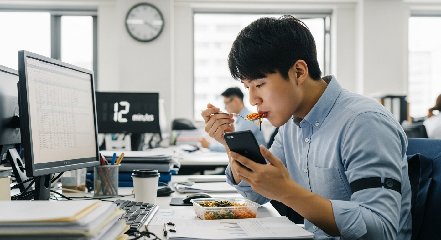 점심을 빠르게 먹는 한국 직장인의 모습과 12분 경과 시계
