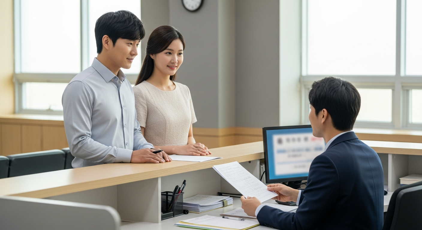 한국 부부가 시·구·읍·면사무소에서 혼인신고서를 접수하는 장면