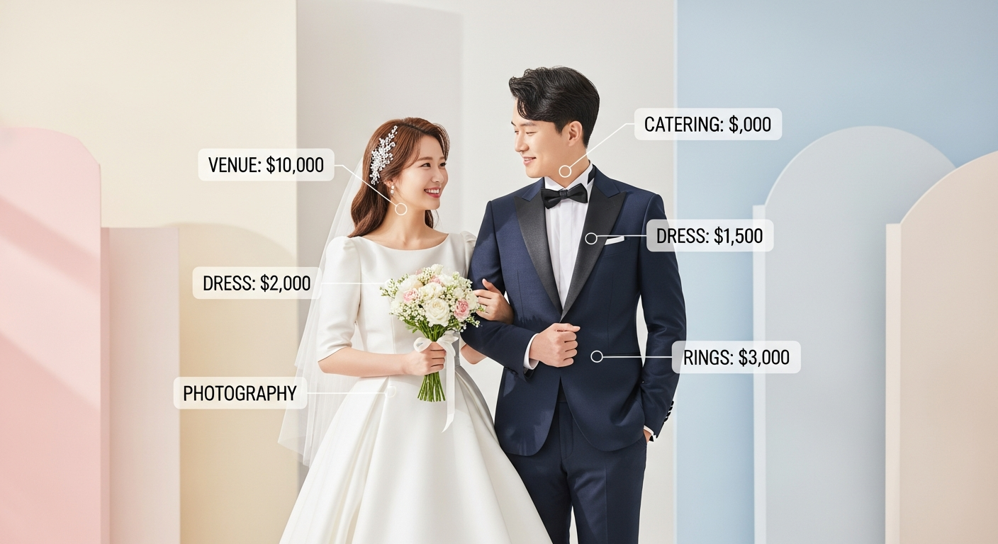 결혼식 스드메 평균 비용을 비교하는 한국 신혼부부 스튜디오 촬영 이미지