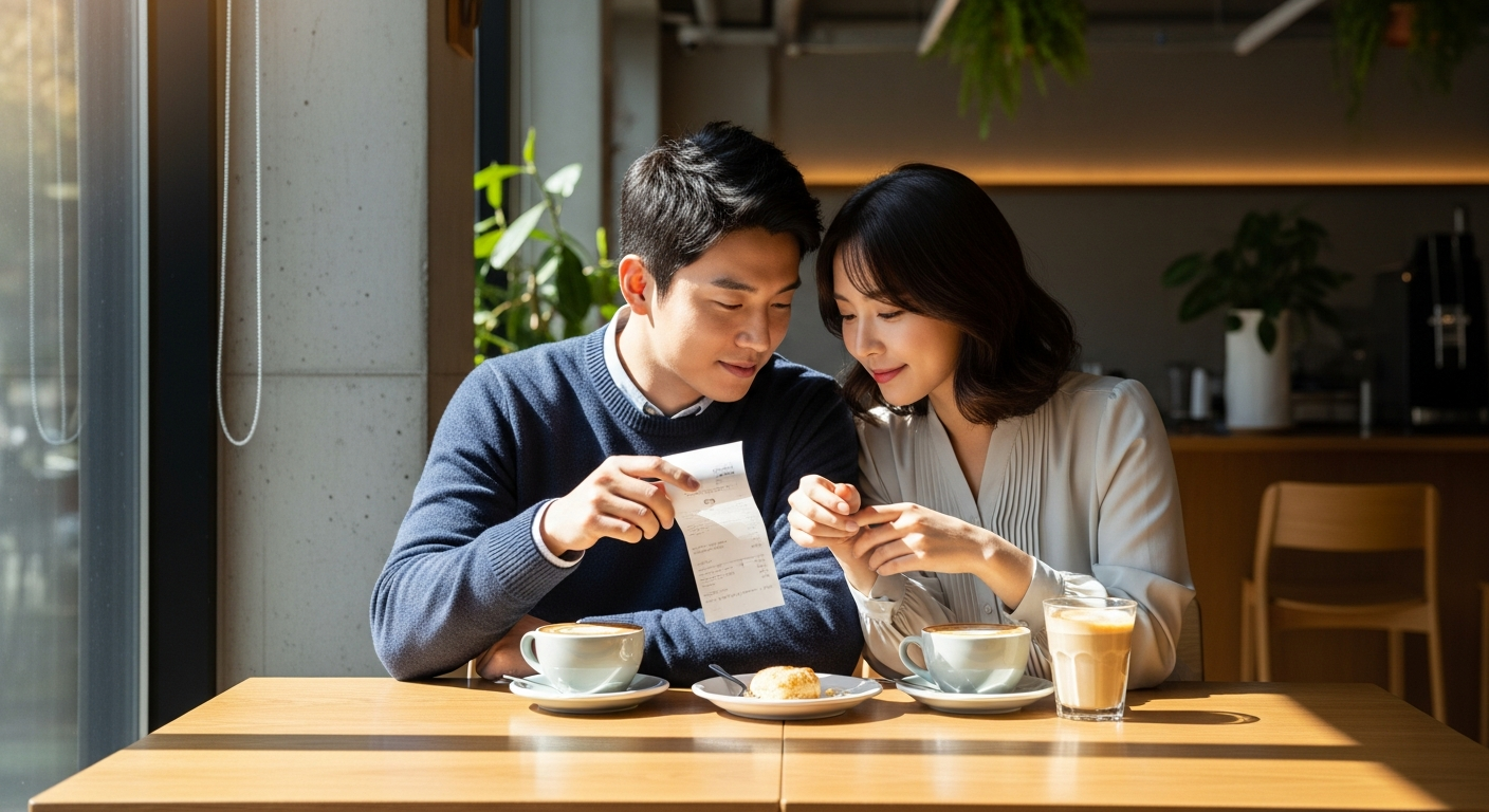서울 카페에서 영수증을 함께 보는 한국 20대 후반 미혼 커플, 데이트 비용 통계 컨셉