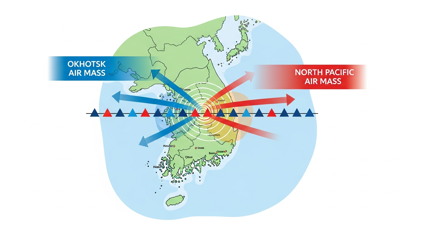 장마전선 형성 원리 - 오호츠크해 기단과 북태평양 기단 충돌 다이어그램