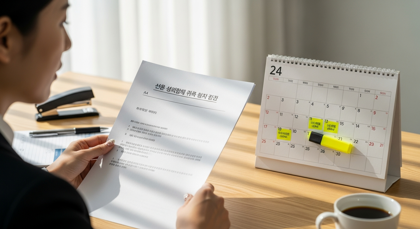 연차휴가 사용 촉진 통보서를 검토하는 사무실 직원과 휴가 일정 캘린더
