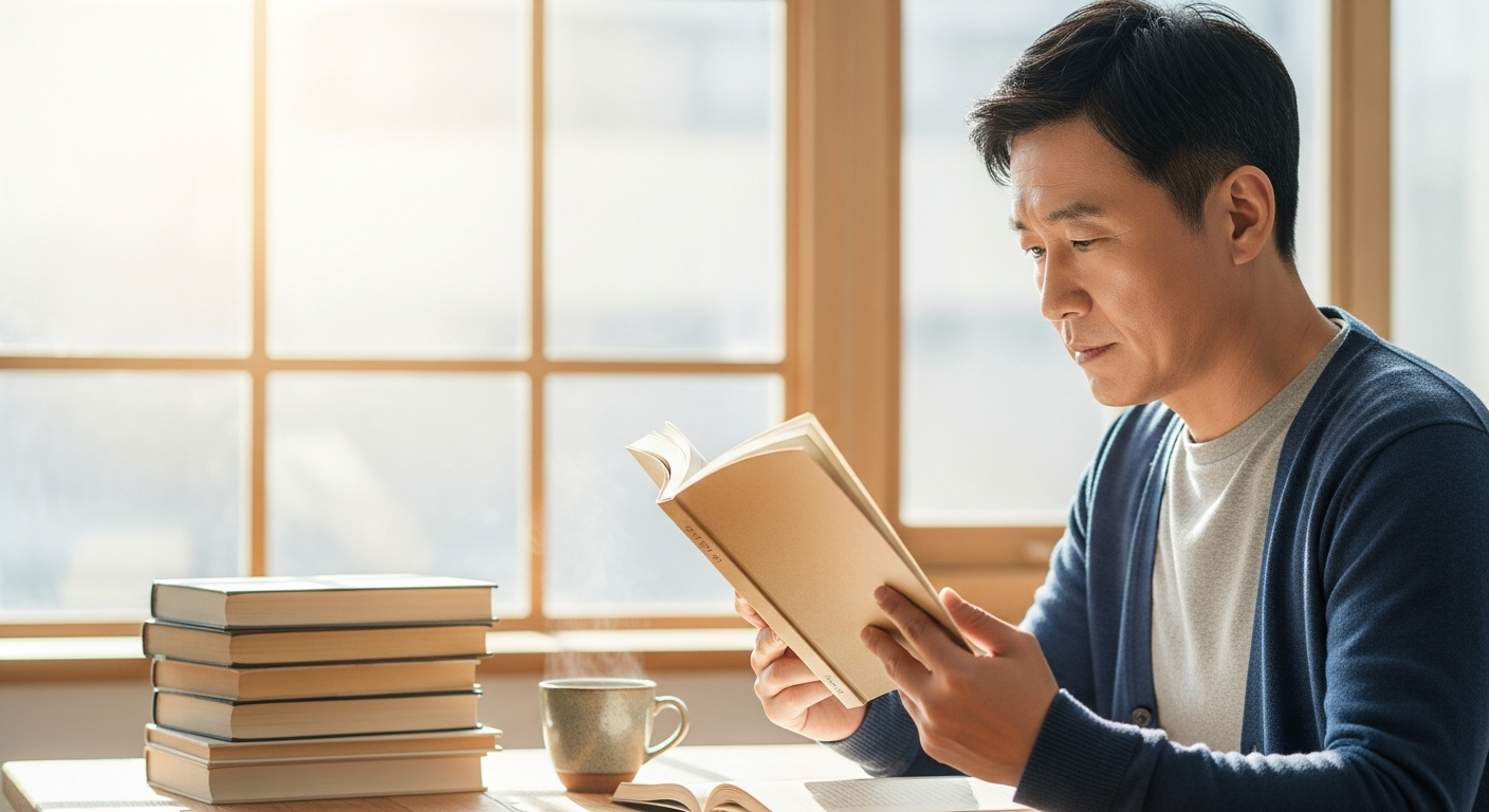 창가에서 종이책을 읽는 40대 한국 남성, 문화체육관광부 독서실태 기사 커버