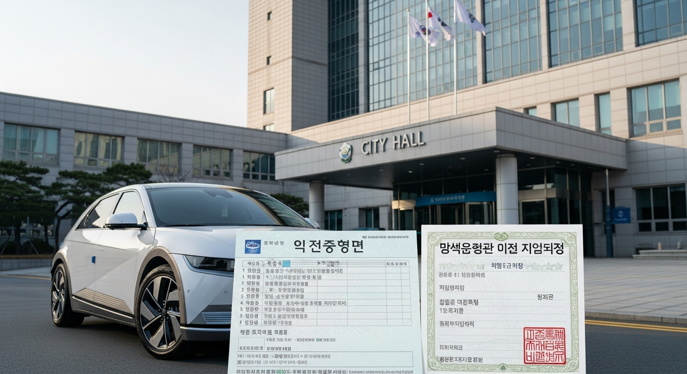 친환경차 취득세 감면 등록 장면, 시청 앞 전기차와 등록 서류