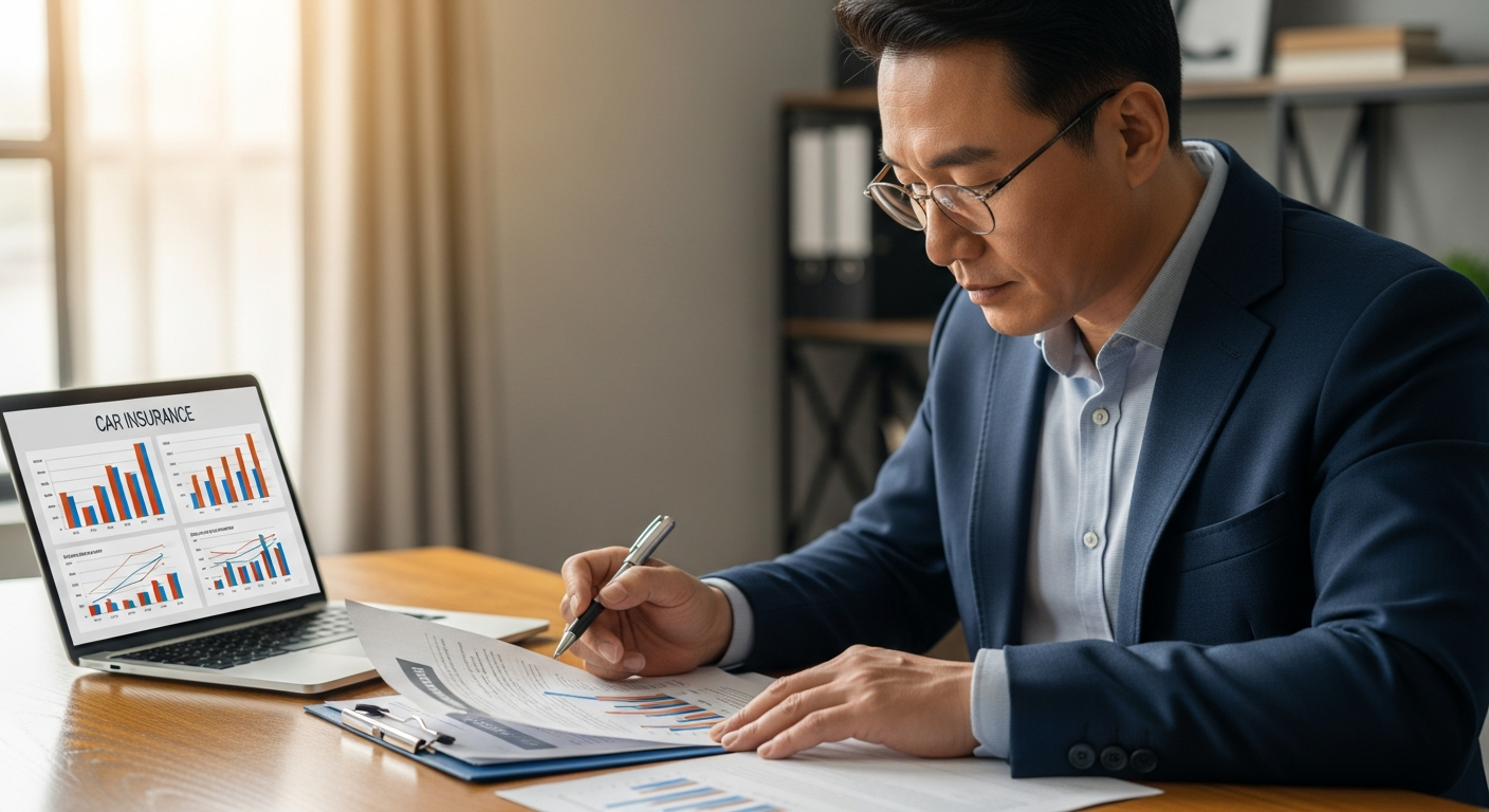 자동차 보험료 할증 기준 자료를 검토하는 중년 남성과 보험 서류, 노트북 화면