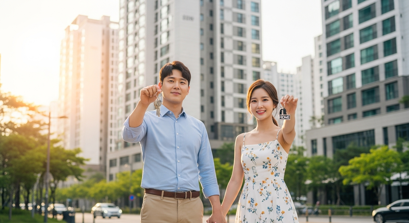 신혼부부가 새 전셋집 앞에서 열쇠를 들고 서 있는 모습