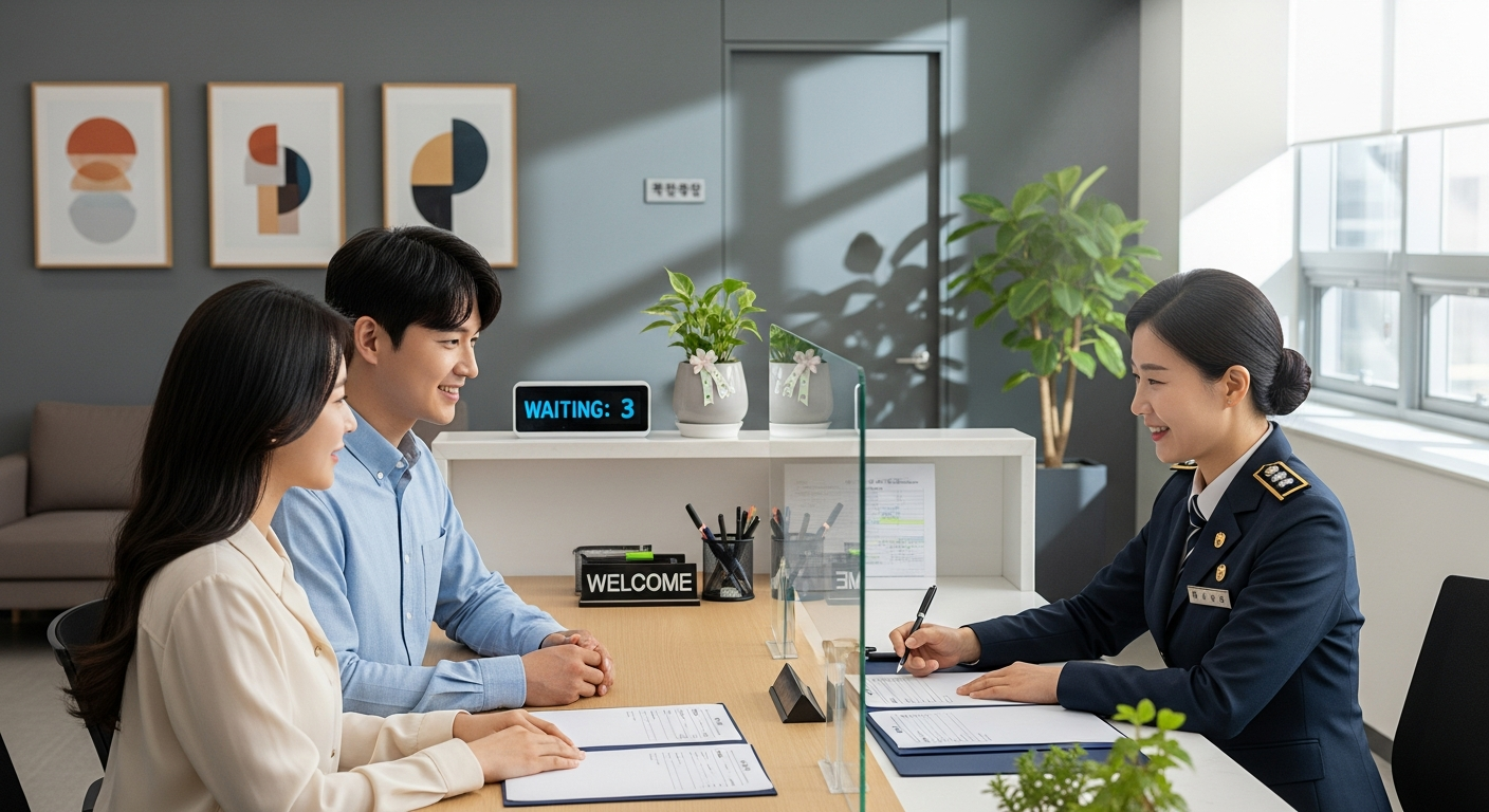 혼인신고 접수 창구에서 신고서를 작성하는 모습 - 시군구청 가족관계등록 담당자 안내
